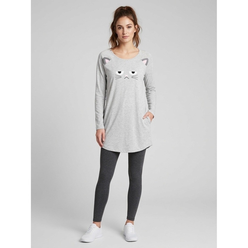 Jenni Jennifer Moore Gray Grumpy Cat Sleep Shirt Tunic Long Sleeve Size M